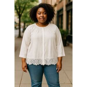 LOGO Lavish By Lori Goldstein Woven Button Front Top W/ Lace Trim Ivory 2X new